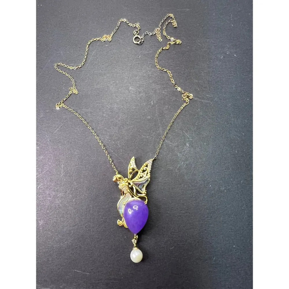 Fairy mermaid jadeite abalone and pearl pendant and chain in gold over sterling - Picture 6 of 11